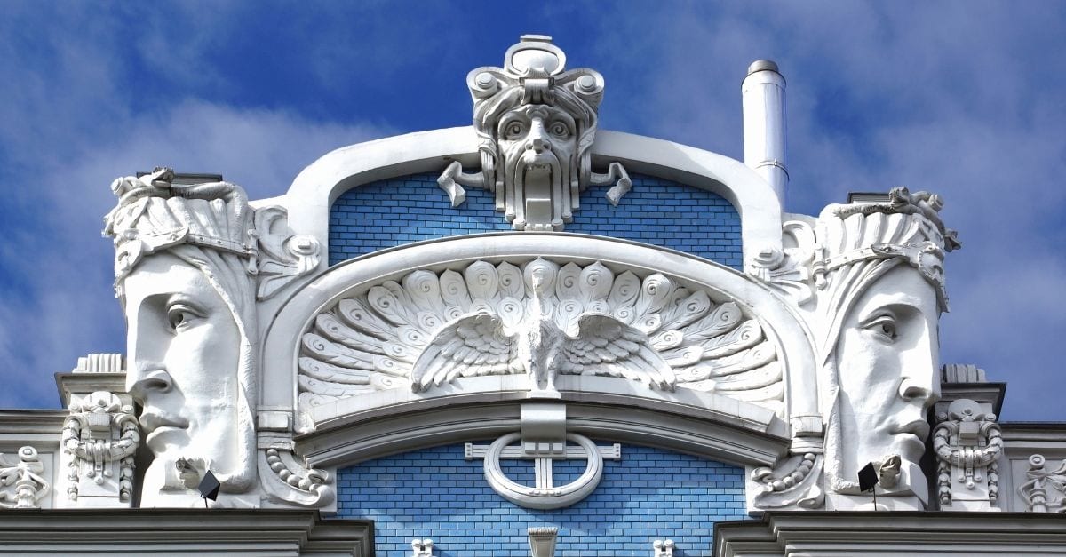 Detail of a blue and white Art Nouveau buildin located at Elizabetes Street, in Riva.