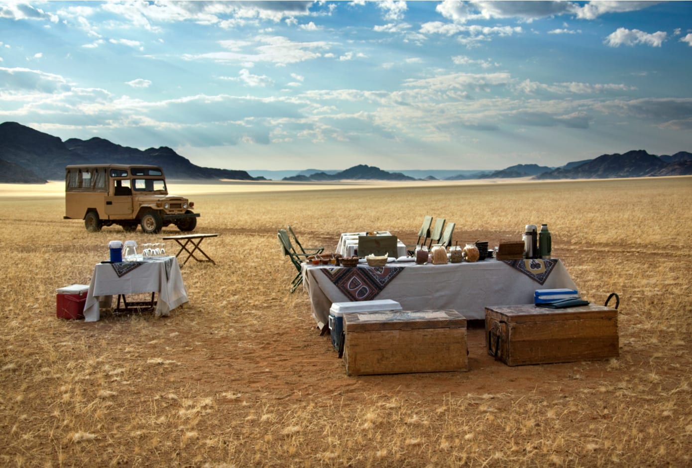 Luxury Champagne breakfast ready for tourists in the Namib Desert. in Namibia.