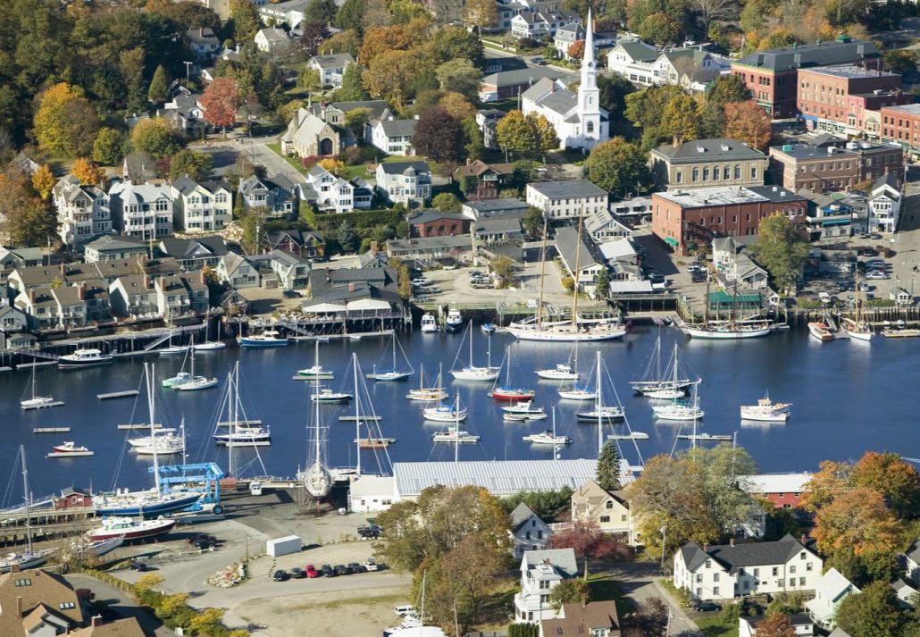 Aerial view of Bar Harbor in autumn, Maine.